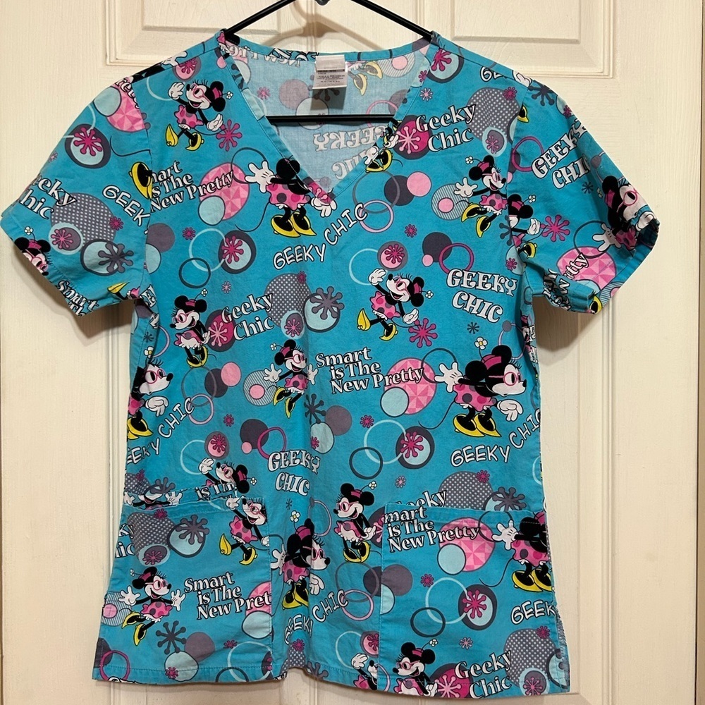 Disney Minnie Mouse Geeky Chic Light Blue Scrub Top V-Neck Size XS